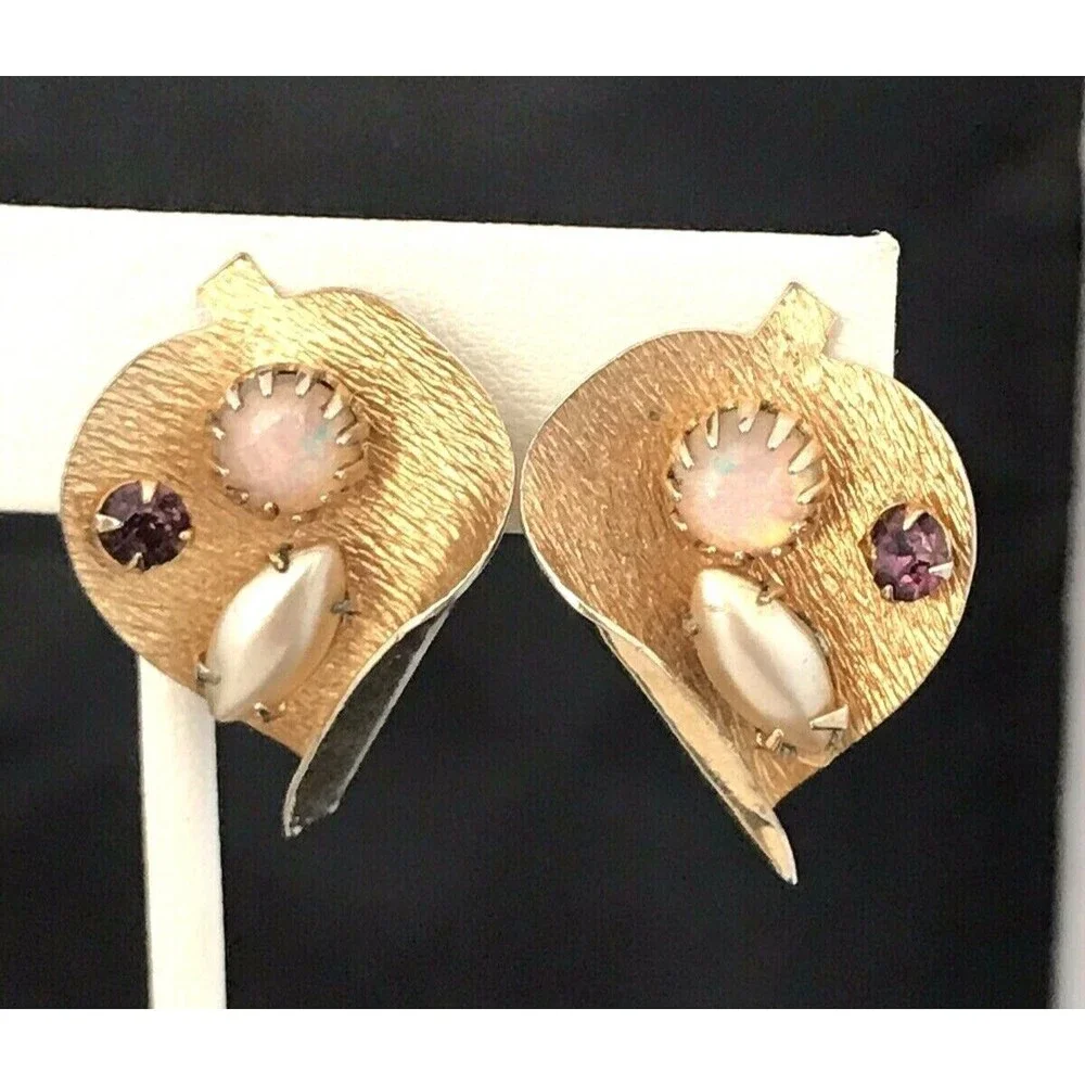Vintage 1960s Gold Tone Clip Earrings Pearl Rhinestone Mid Century Modern - 1F